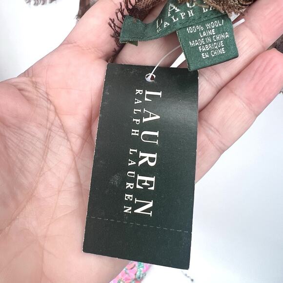 Vintage Lauren Ralph Lauren Brown Plaid Wool Scarf Rhinestone Crest - Picture 8 of 8